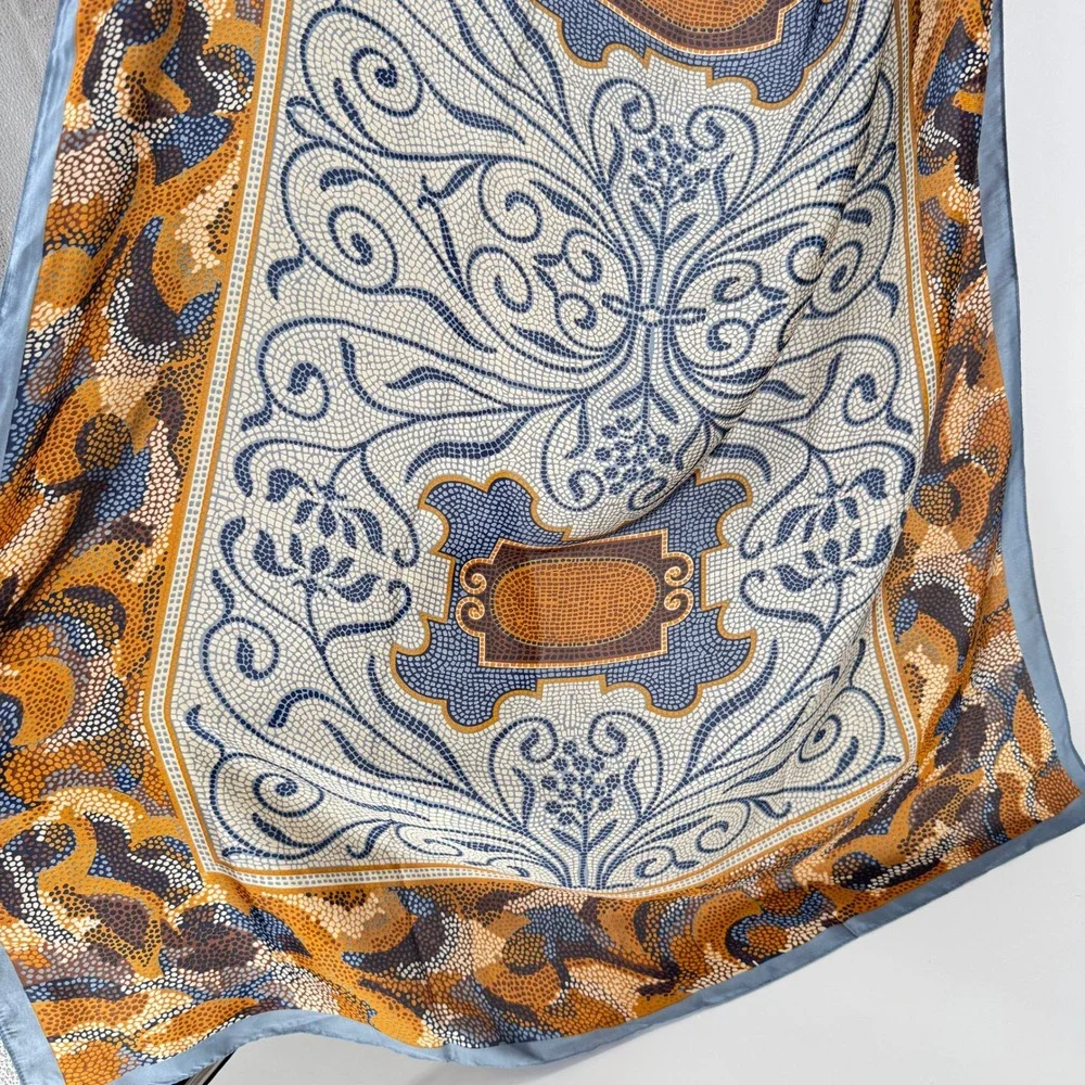 100% Silk Scarf Mosaic Print Bohemian Grandmacore Earth Tones Elegant Accessory